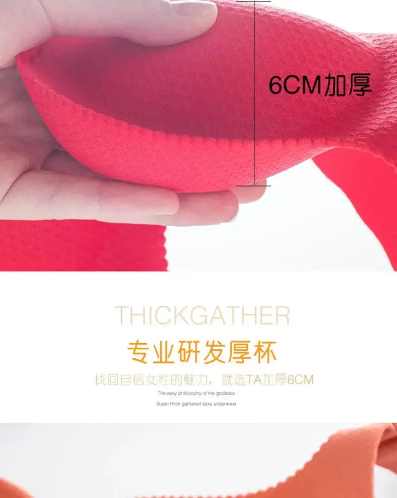 THICKGATHER red wireless push-up bra with 6cm thick padding and soft textured fabric, close-up view