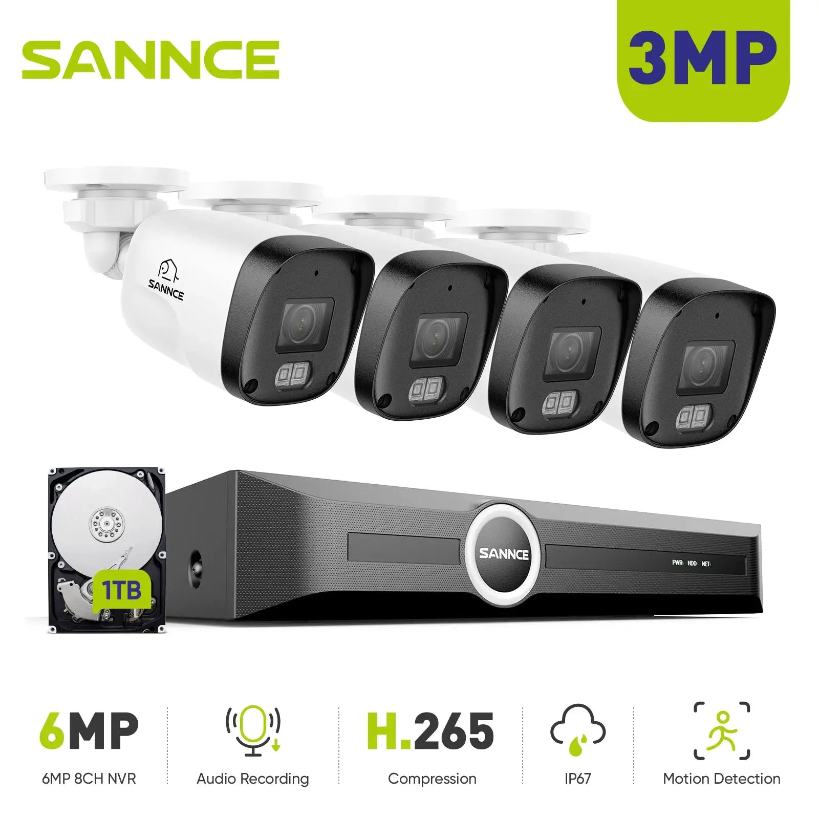 SANNCE 8CH NVR security system with 4 PoE 3MP IP cameras and 1TB HDD