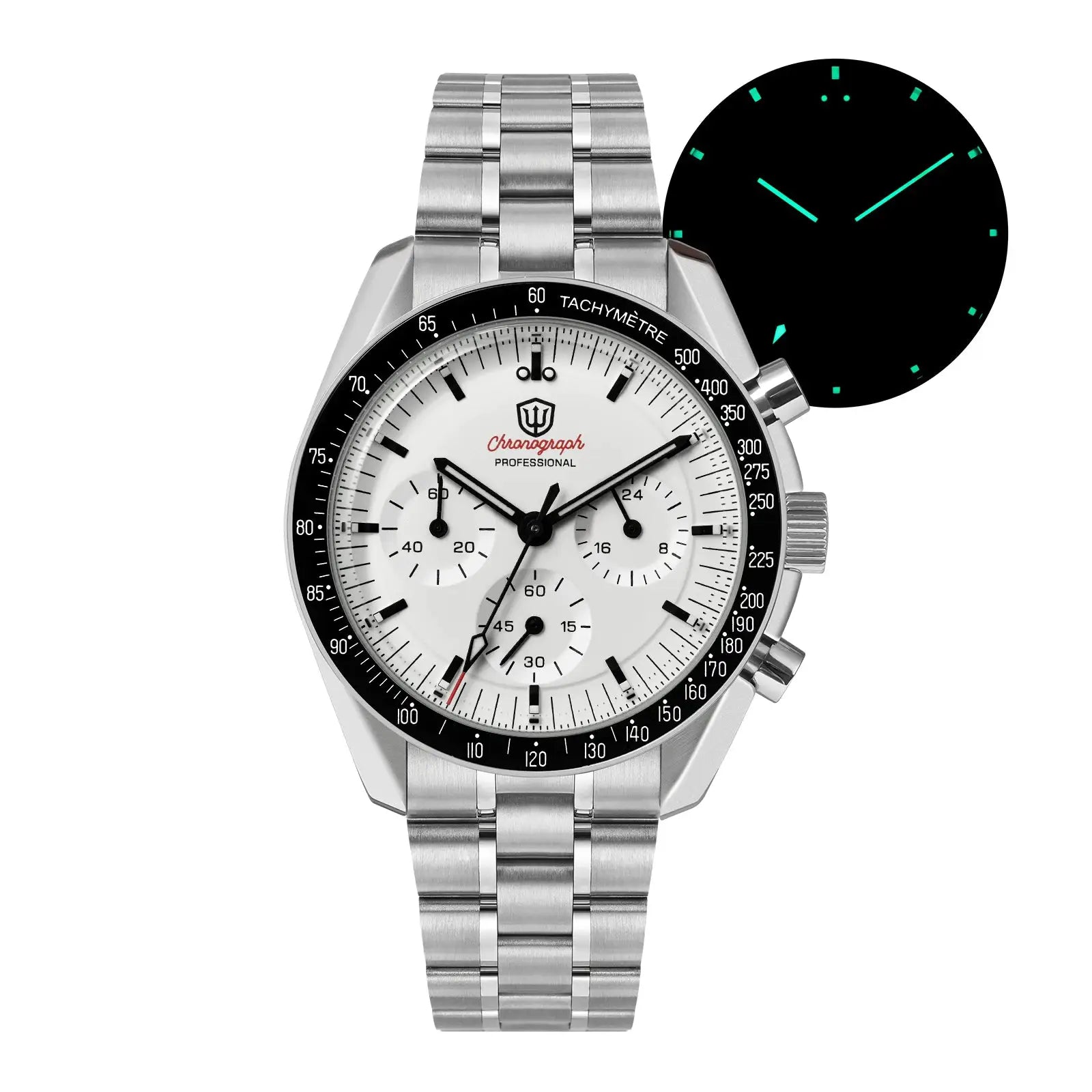 Watchdives WD1863 chronograph watch with stainless steel band, white dial, black tachymeter bezel, luminous hands