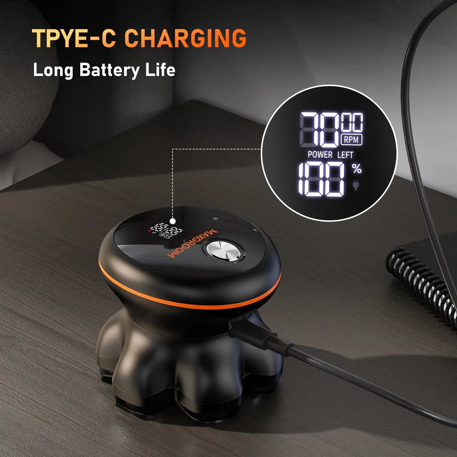 MAXGROOM 7D electric shaver by Simples Market, black with orange trim, USB rechargeable and waterproof.