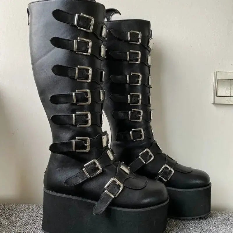 Gothic Cosplay High Heel Platform Boots With Buckle Strap PU Leather Mid Calf Wedges