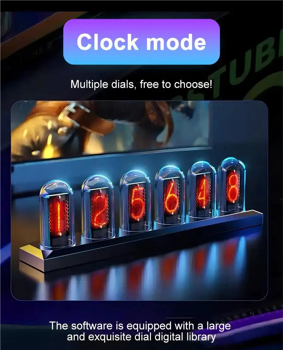 RGB Nixie Tube Clock with red glowing digits in glass tubes on a metal base