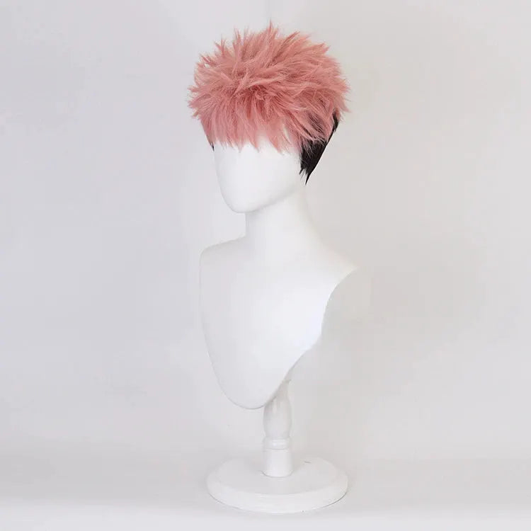 Itadori Yuji cosplay wig, pink rose short spiky style with black underlayer and inner mesh cap