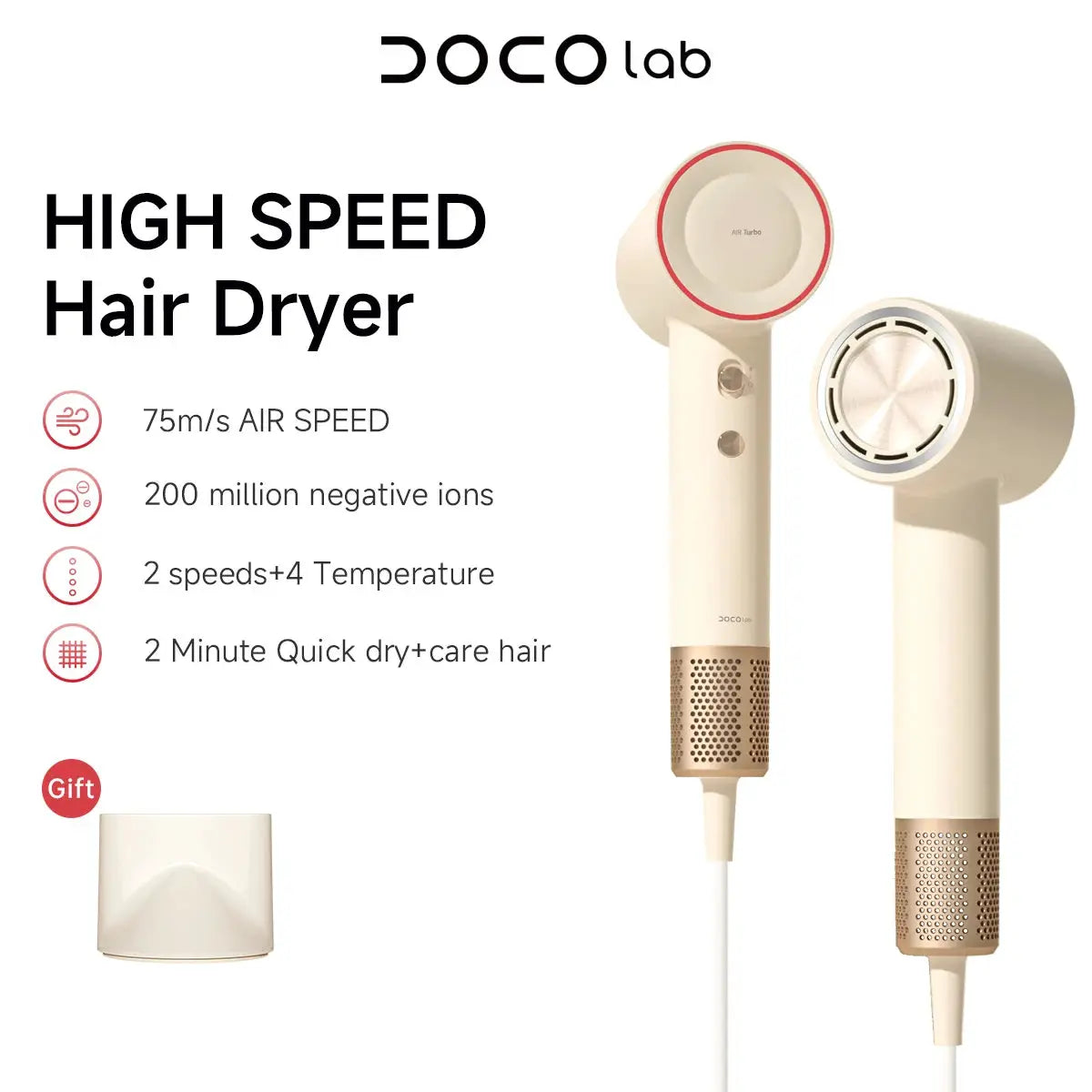 DOCO lab hair dryer by Simples Market, beige finish, high speed 75 m/s with 200M negative ions