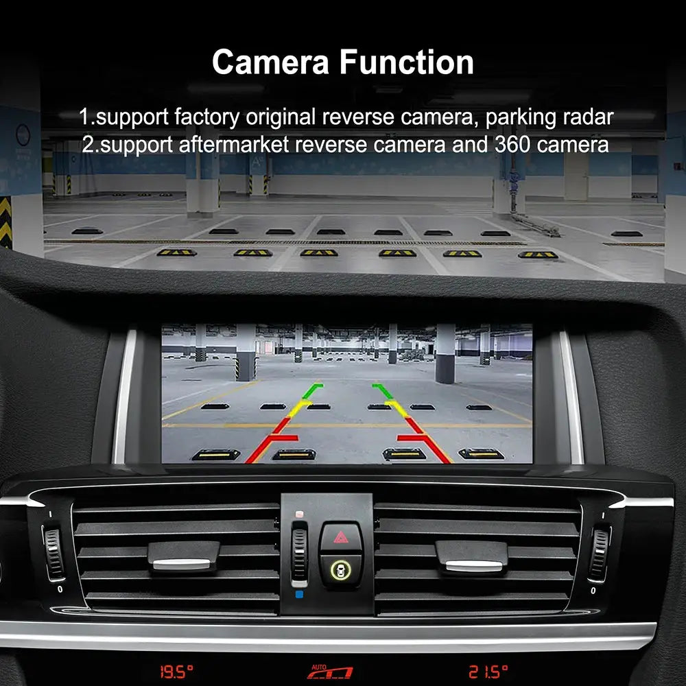 Simples Market wireless CarPlay/Android Auto interface for BMW NBT CIC; rear-view camera display with parking guidelines.