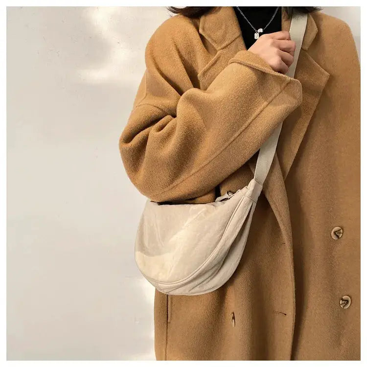 Casual nylon hobo crossbody bag in beige; large-capacity women's shoulder purse by Simples Market