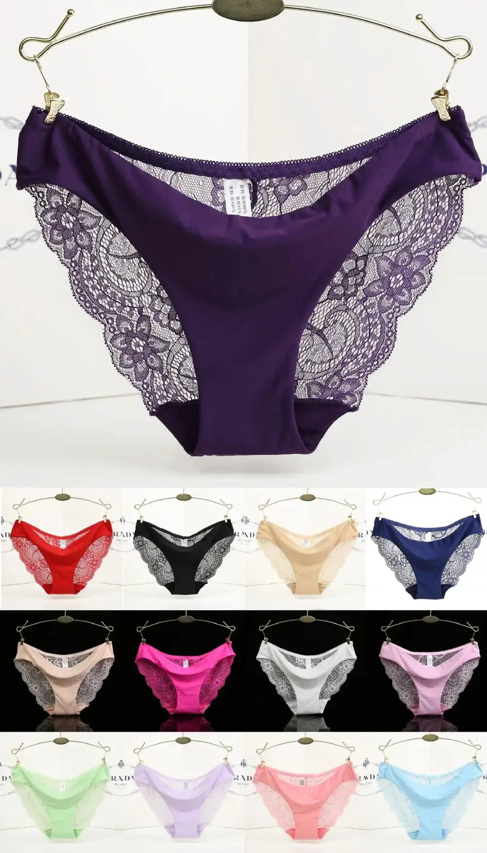 Seamless low-rise lace panties for women in purple with floral lace panels; Simples Market cotton underwear