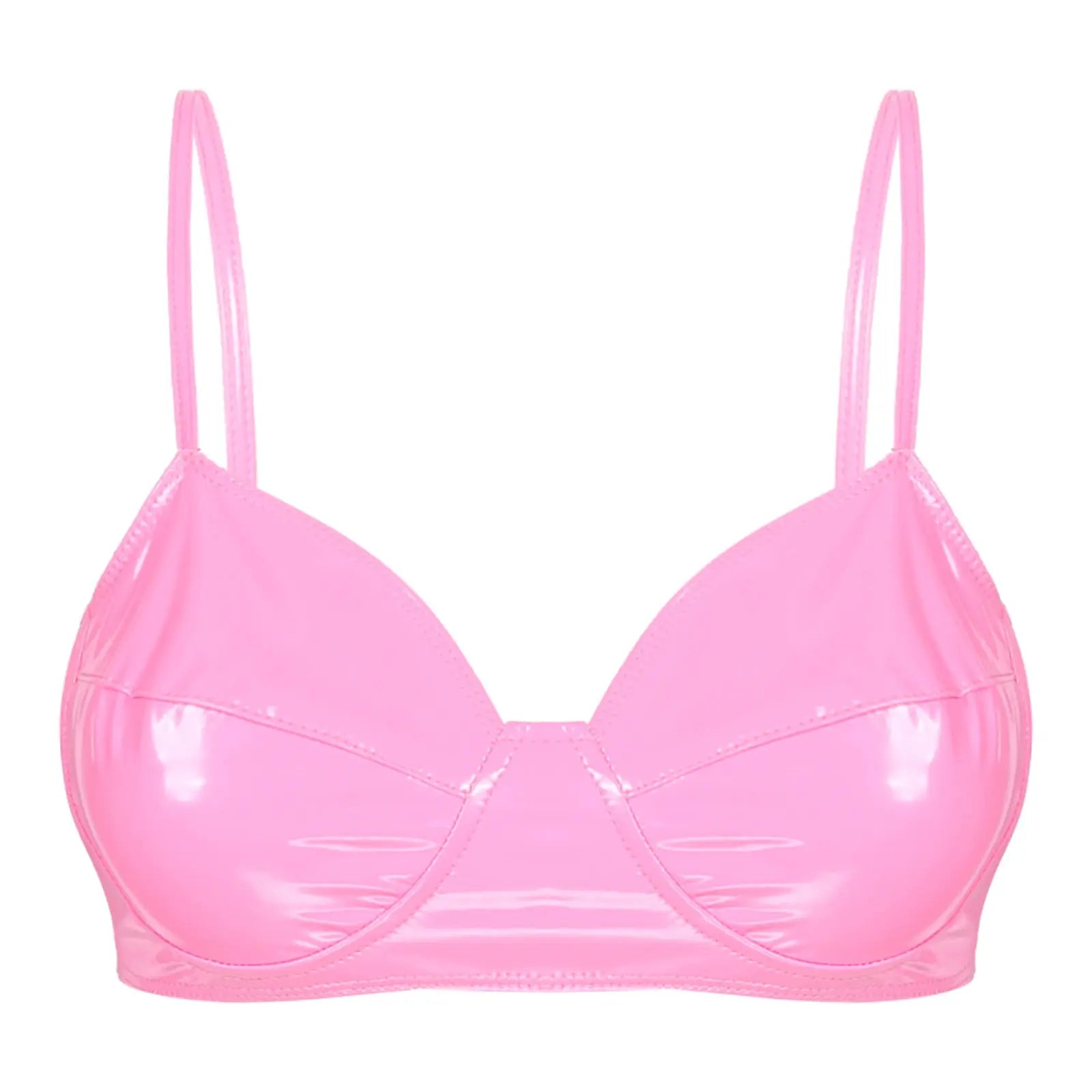Womens pink glossy patent-leather bra top with thin straps, clubwear lingerie style, shiny surface and reflective finish