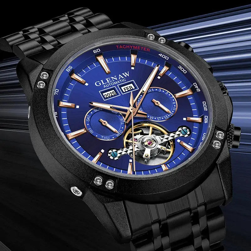 Glenaw automatic men's watch with blue dial, gold-tone hands, black stainless steel band, visible tourbillon, waterproof