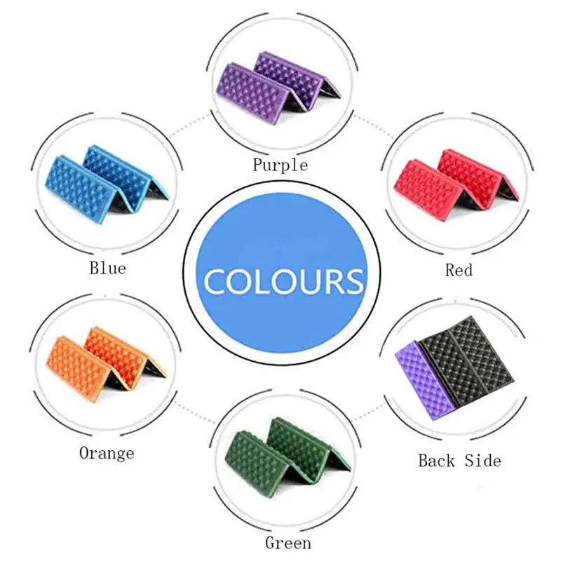 Simples Market camping foam pad waterproof seat cushion shown in Blue, Purple, Red, Orange, Green and Black