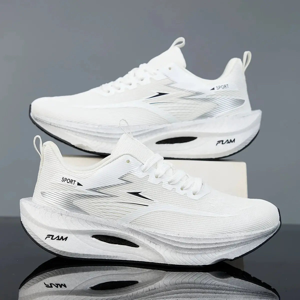 White running shoes with breathable mesh, lightweight cushioning; two sneakers shown