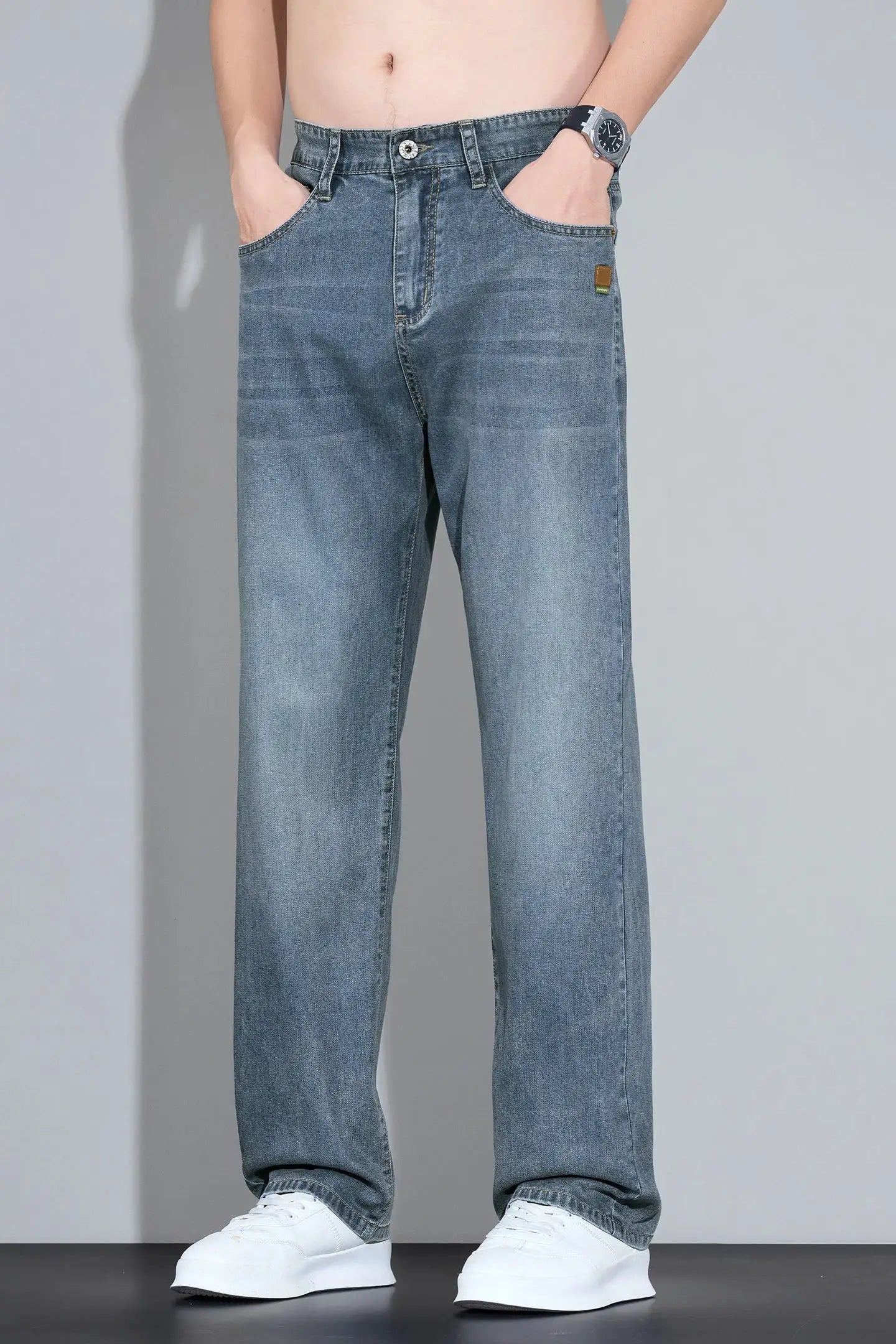 Lyocell Ice Silk Jeans by Simples Market, light-wash denim, straight-leg men's casual trousers