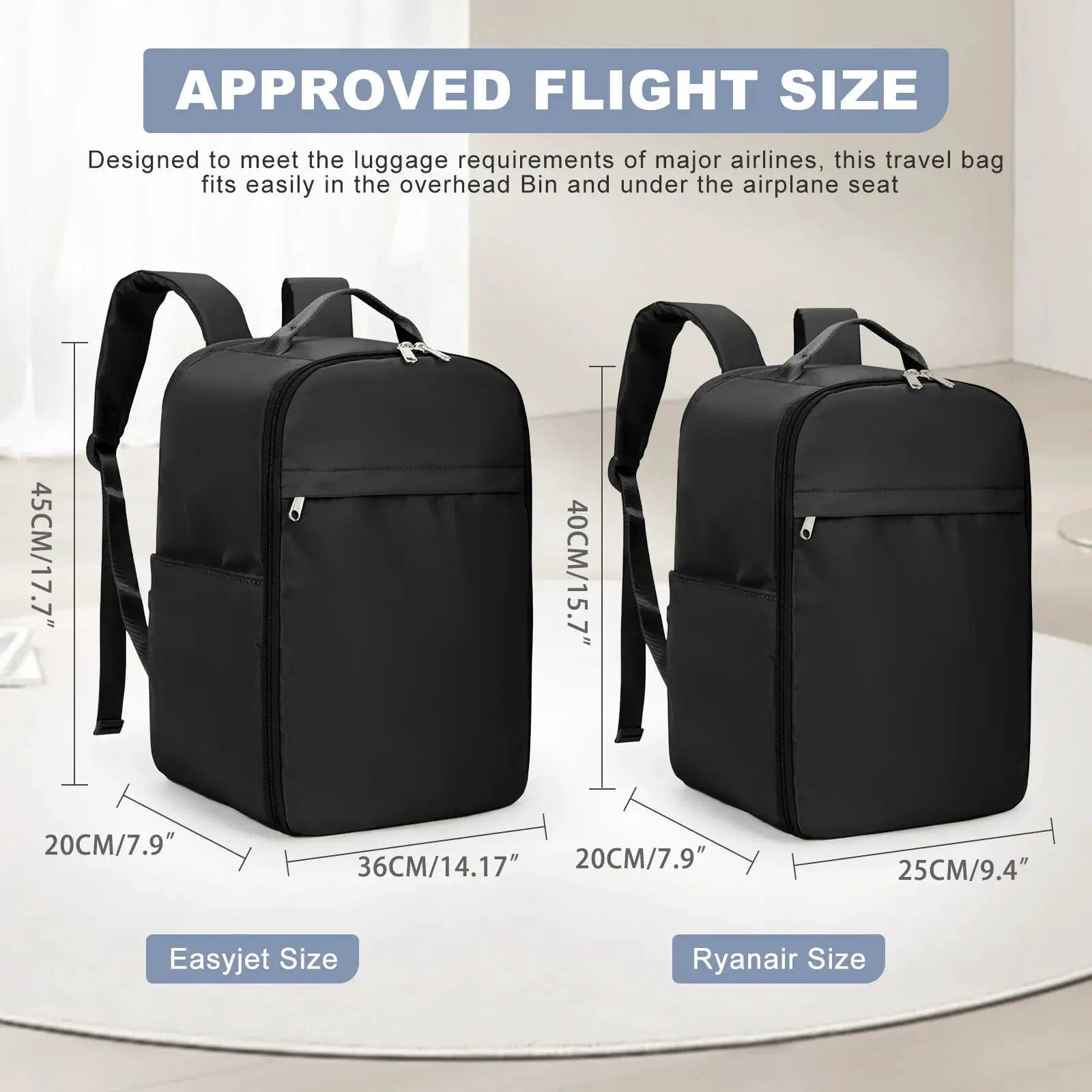 Ryanair cabin bag backpacks by Simples Market; two black travel backpacks sized 40x20x25.