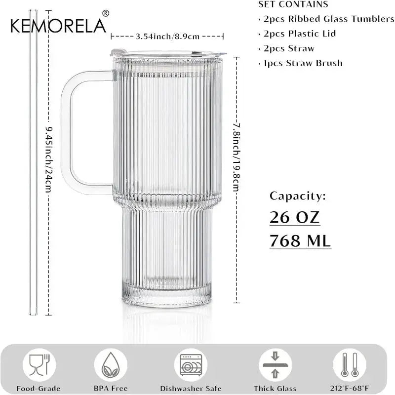 760ML Ribbed Glass Tumbler With Handle Lid For Cold And Hot Beverages Large Iced Coffee Cups With Straws Glass Mug