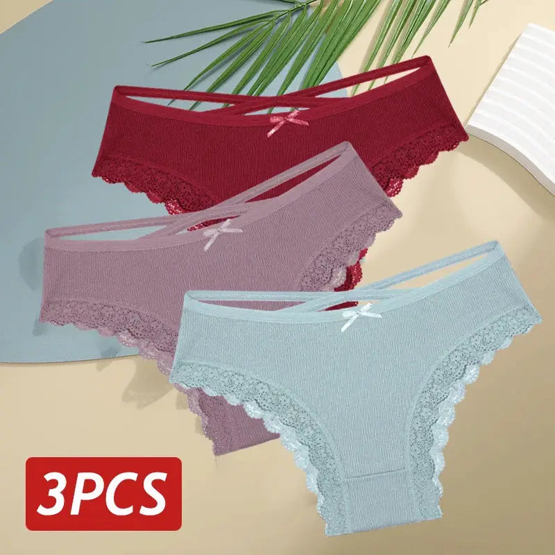 3PCS women's cotton lace low-rise Brazilian panties set in red, pink, and light blue with bows
