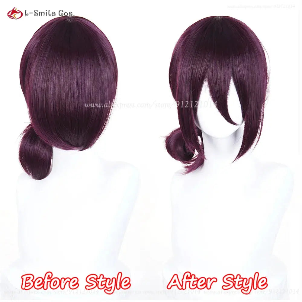Anime Rezee cosplay wig, purple 45cm, heat-resistant synthetic hair; shown on two mannequins in before and after styles.
