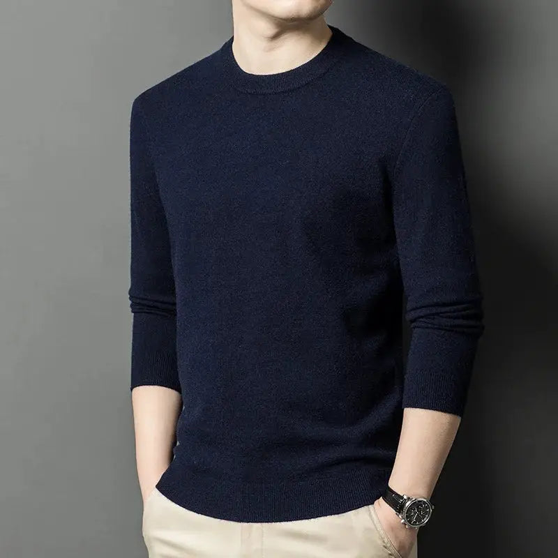 Men's navy round-neck knitted sweater, long sleeves, versatile casual top