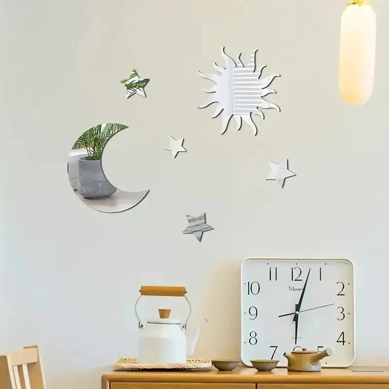 6pcs Star & Moon mirror wall sticker set in silver by Simples Market