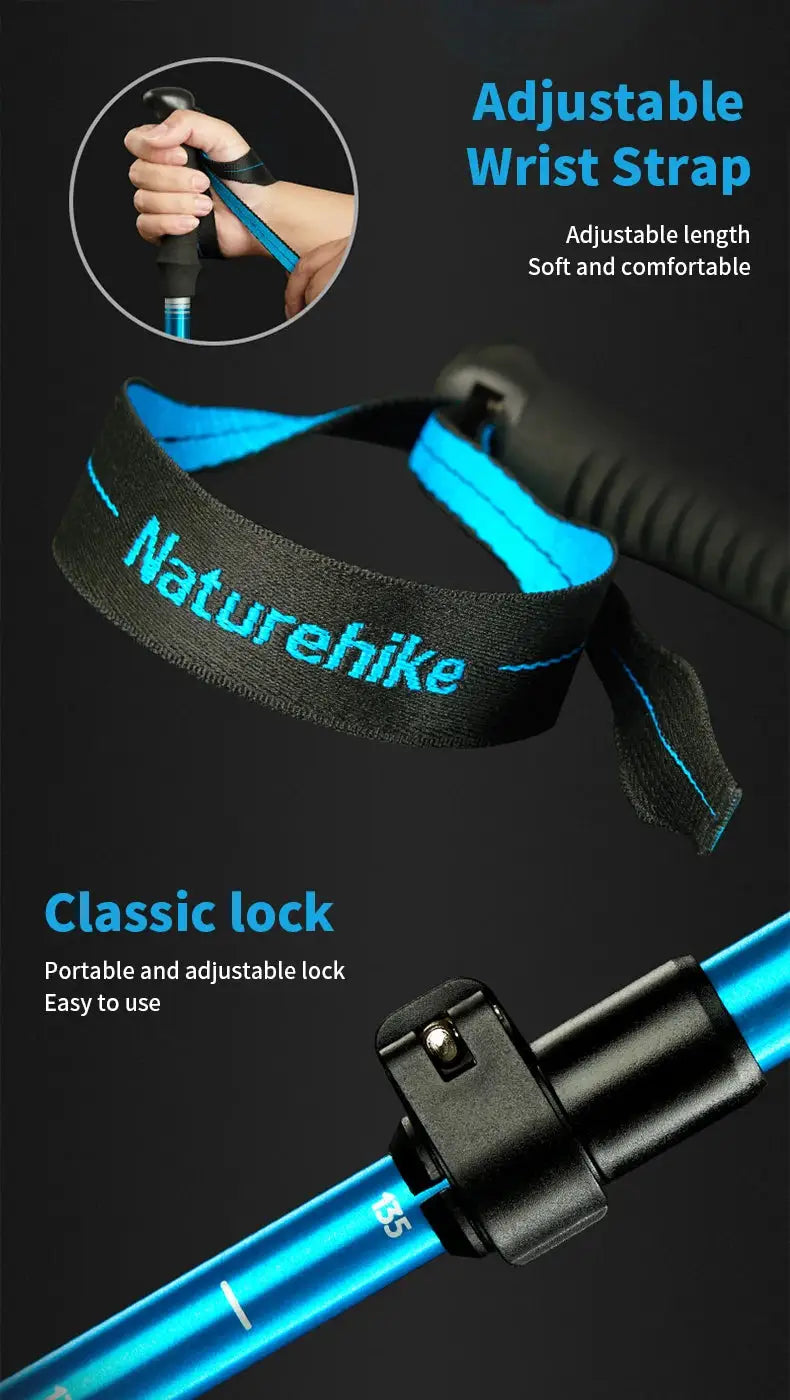 Naturehike trekking pole, ultralight aluminum telescopic walking stick with blue shaft and adjustable black wrist strap