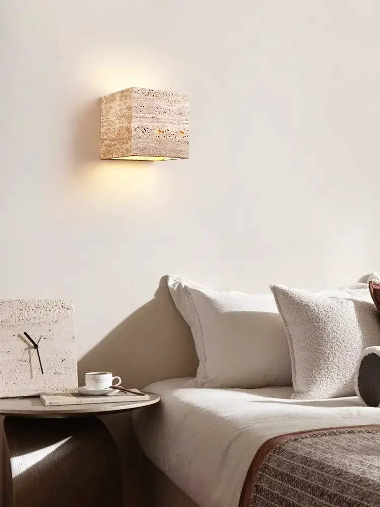 Wabi Sabi yellow marble wall lamp, cube travertine LED bedside wall light