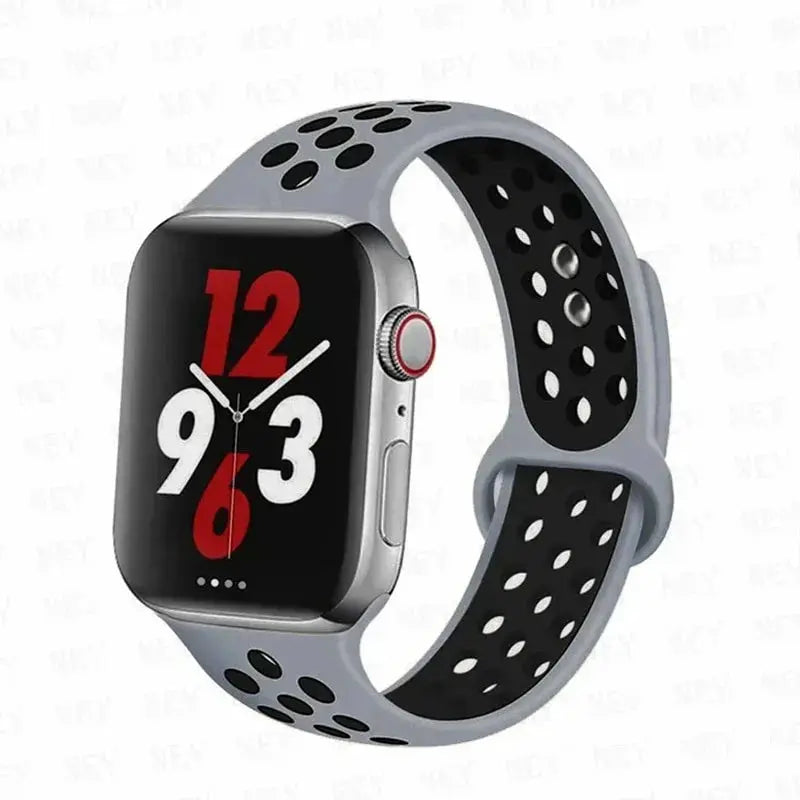 Simples Market silicone sport strap for Apple Watch, gray with black perforated holes, fits 38–49mm.