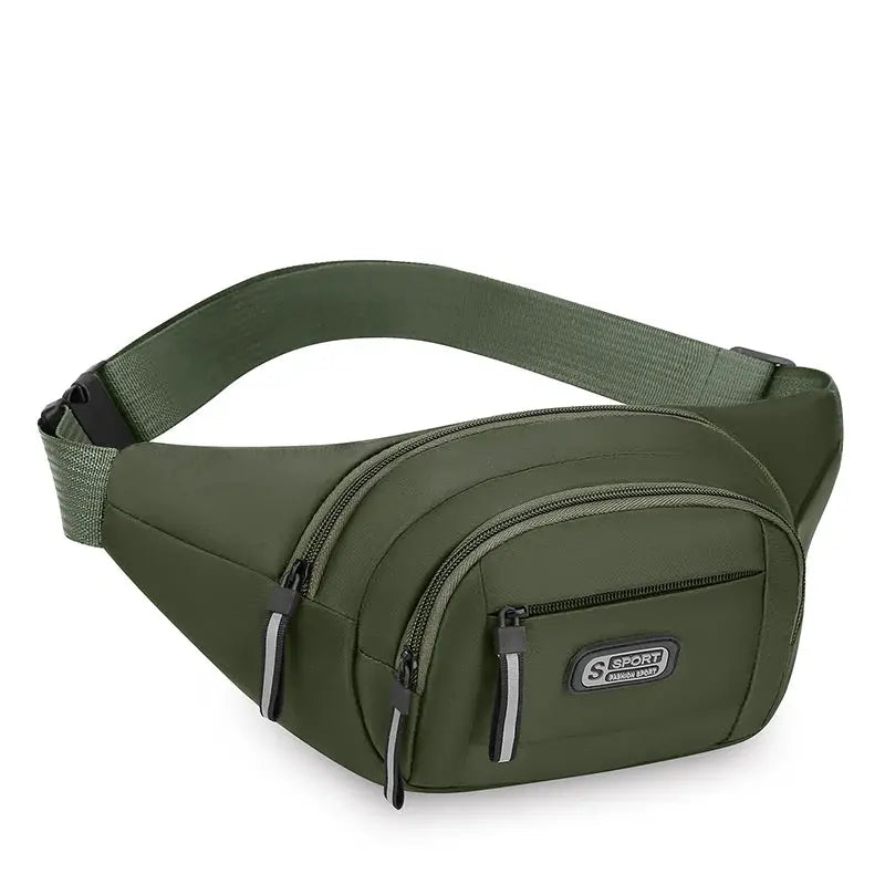 Men's large capacity fitness waist pack, Simples Market, green with dual-zip pockets and adjustable strap.