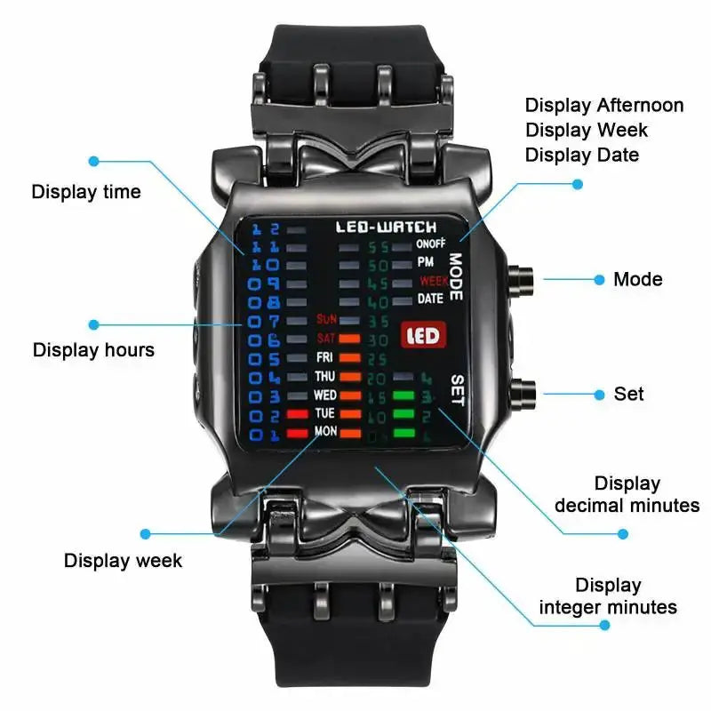 CrabTech LED Watch For Men Creative Crab Shaped Electronic Timepiece Luminous Binary Display Waterproof Multifunction