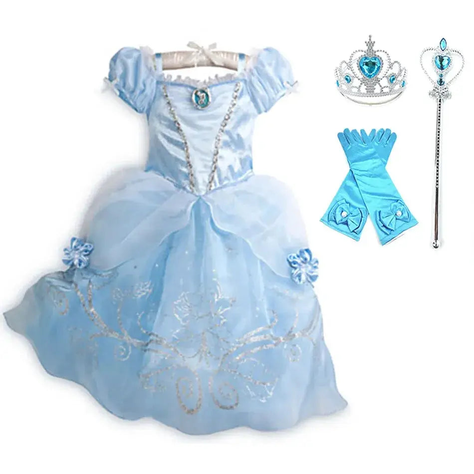 Kids Princess Costume Party Dress With Floral Pattern And Appliques Inspired By Rapunzel And Belle