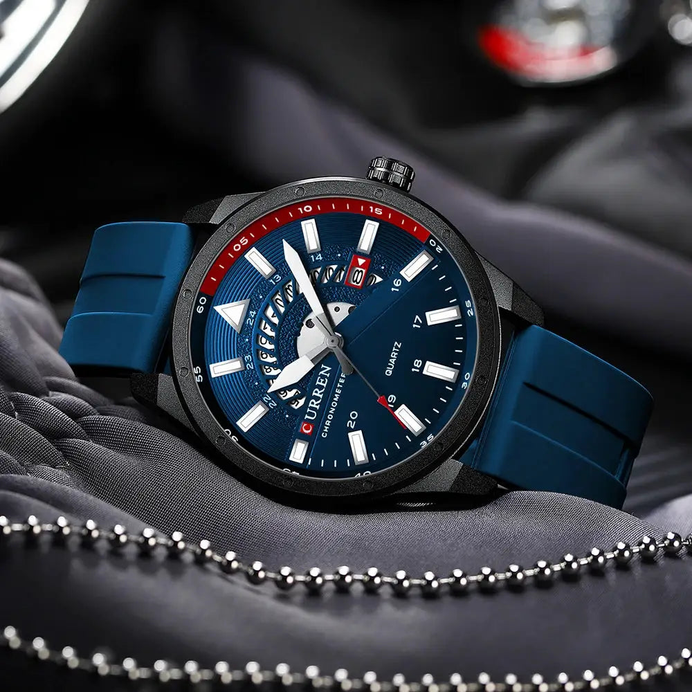 CURREN men’s quartz watch with blue dial and blue silicone strap, date window.