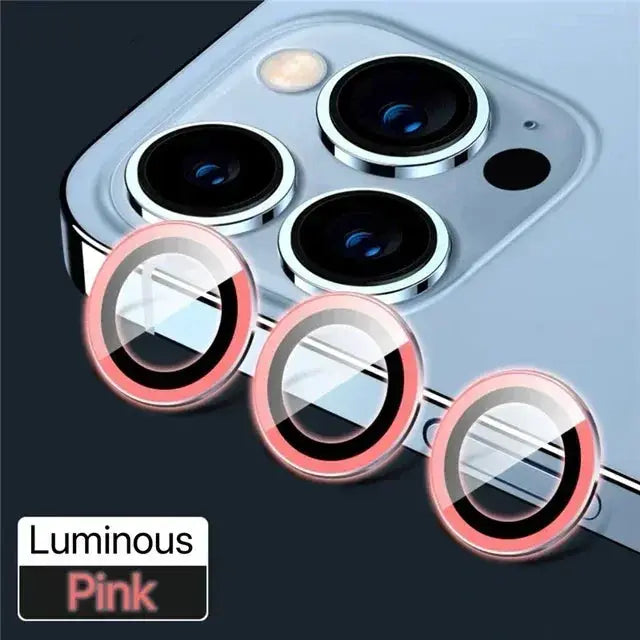 3-piece metal back camera lens protectors with luminous pink rings for iPhone models by Simples Market