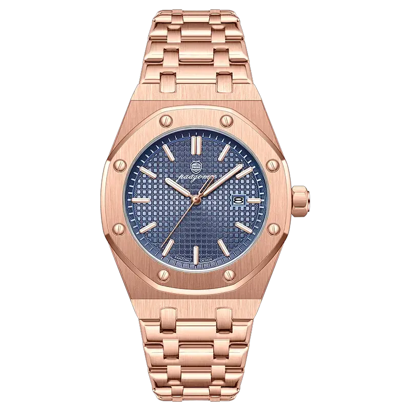 PAAZOMU luxury square men's quartz watch by Simples Market, rose-gold stainless steel with blue dial and date window