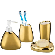Gold bathroom accessory 4-piece set with soap dispenser, toothbrush holder (blue toothbrushes), tumbler and lid