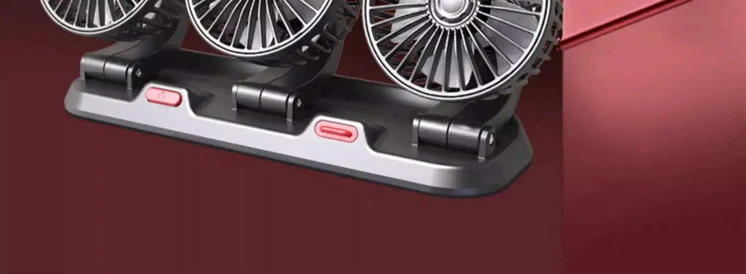Car fan 360° adjustable 3-head USB/12V/24V, Simples Market, silver base with red switches.