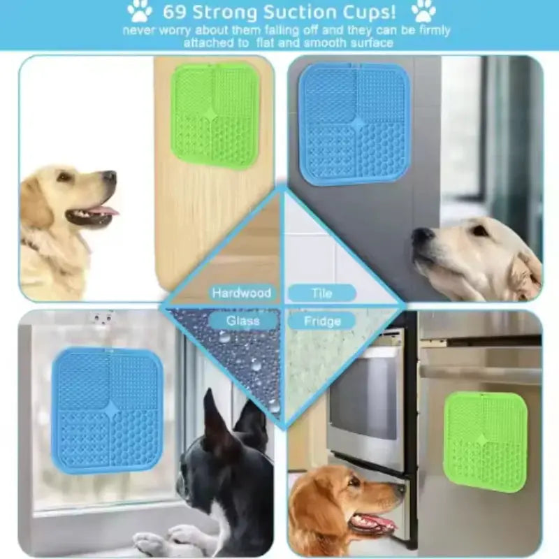 Pet Lick Silicone Mat set of 4 by Simples Market – blue and green suction-cup dog feeder mats