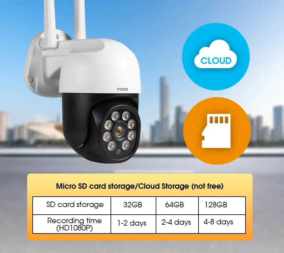 Fuers 8MP 4K outdoor IP security camera with white top and black housing; cloud and SD storage icons