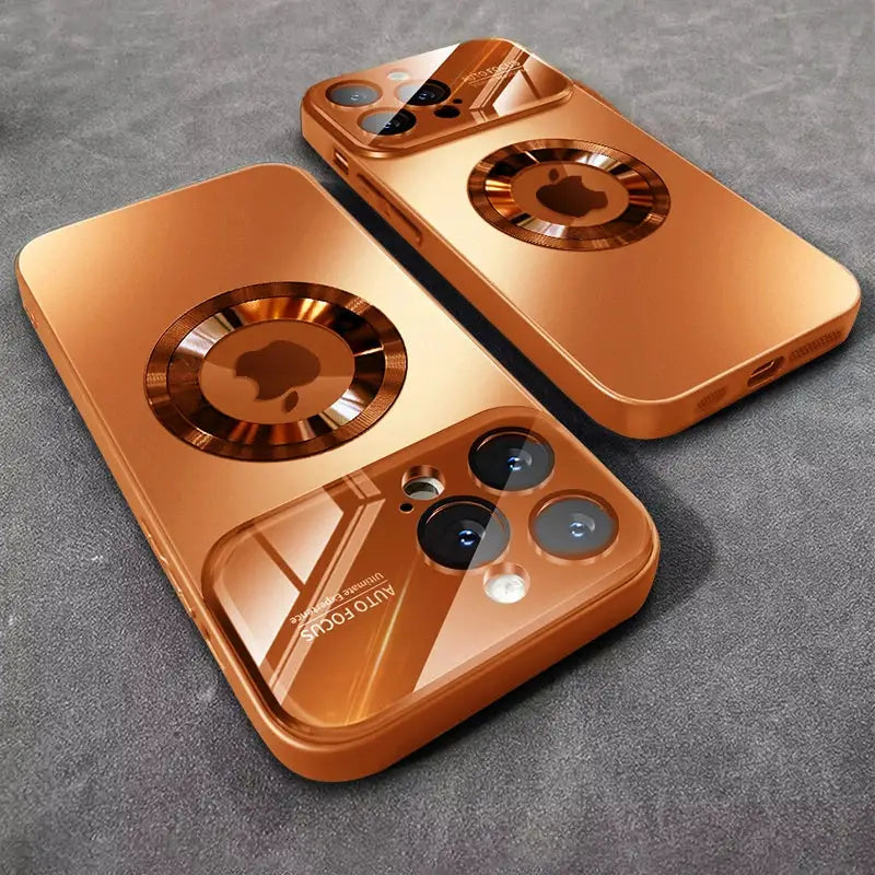Luxury glass camera case with MagSafe ring for iPhone in copper gold by Simples Market, shockproof