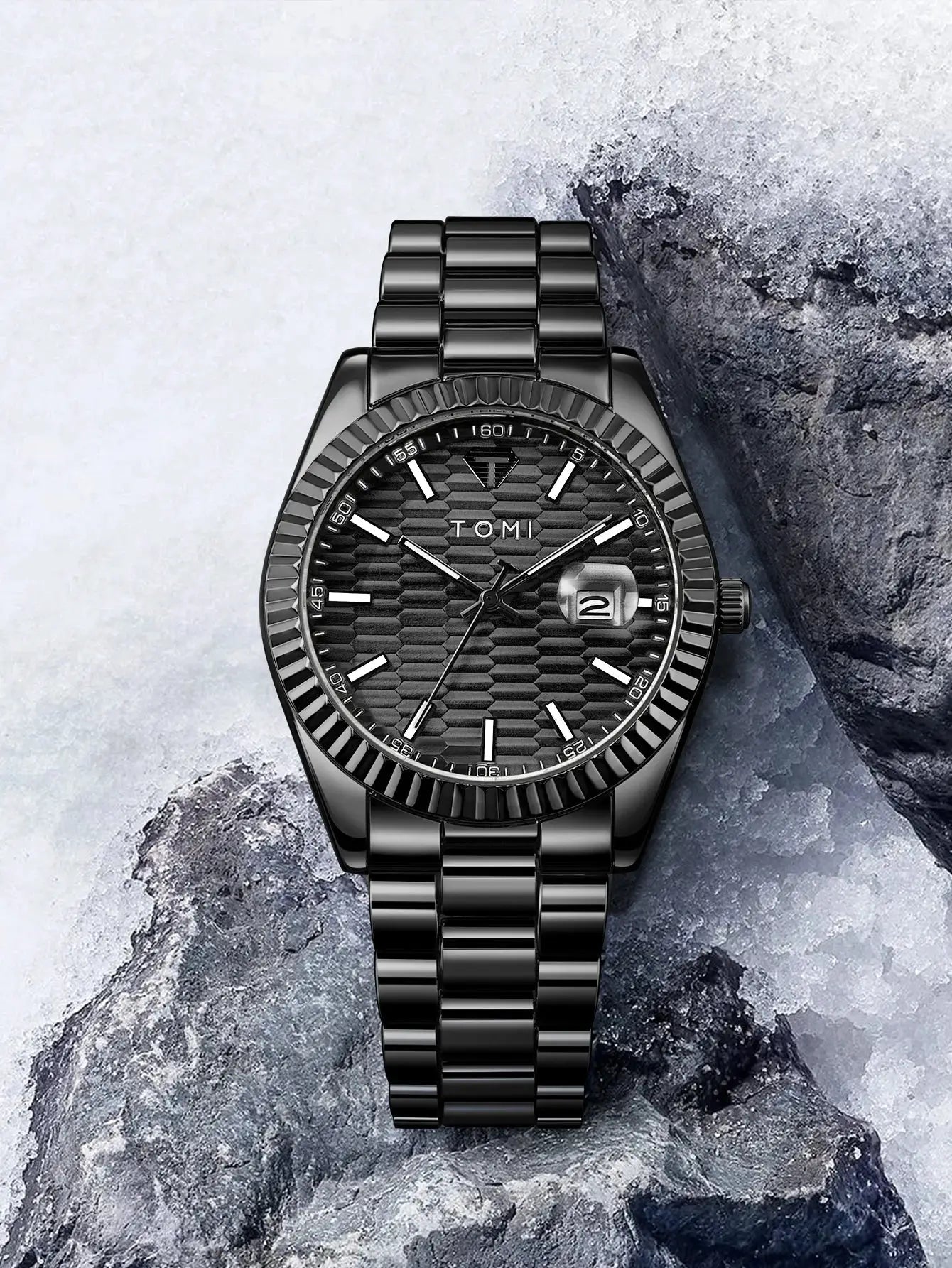 TOMI men's black stainless steel watch with textured dial, date window, and link bracelet