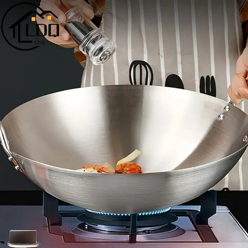 ProChef Large Stainless Steel Wok Uncoated Thick Durable Pan With Dual Handles For High Heat Cooking