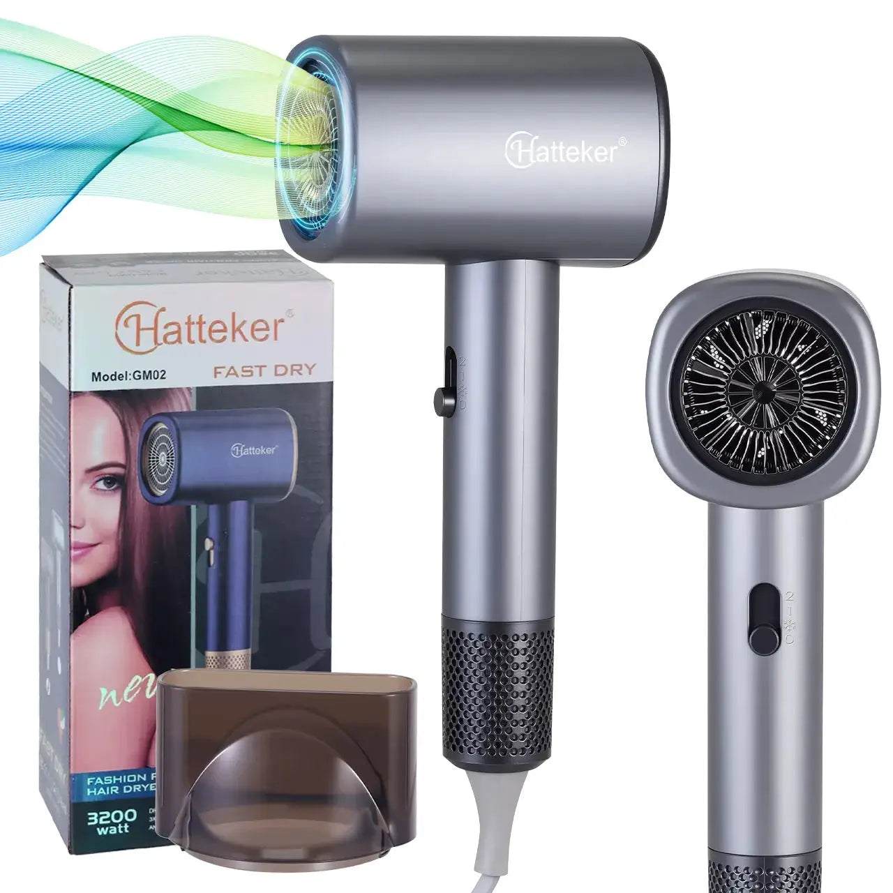 Hatteker hair dryer, gray metal finish, 3200W with diffuser attachment