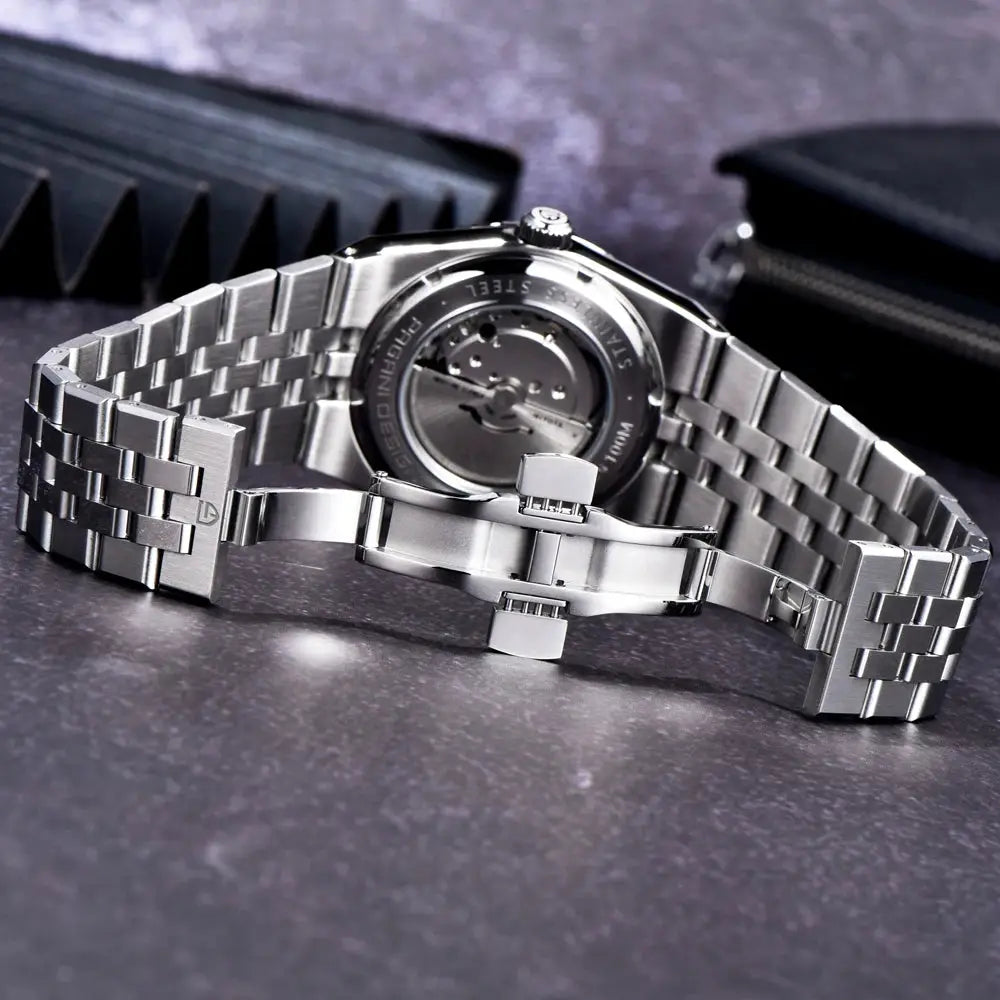 PAGANI DESIGN stainless steel automatic men’s watch with transparent caseback and metal bracelet