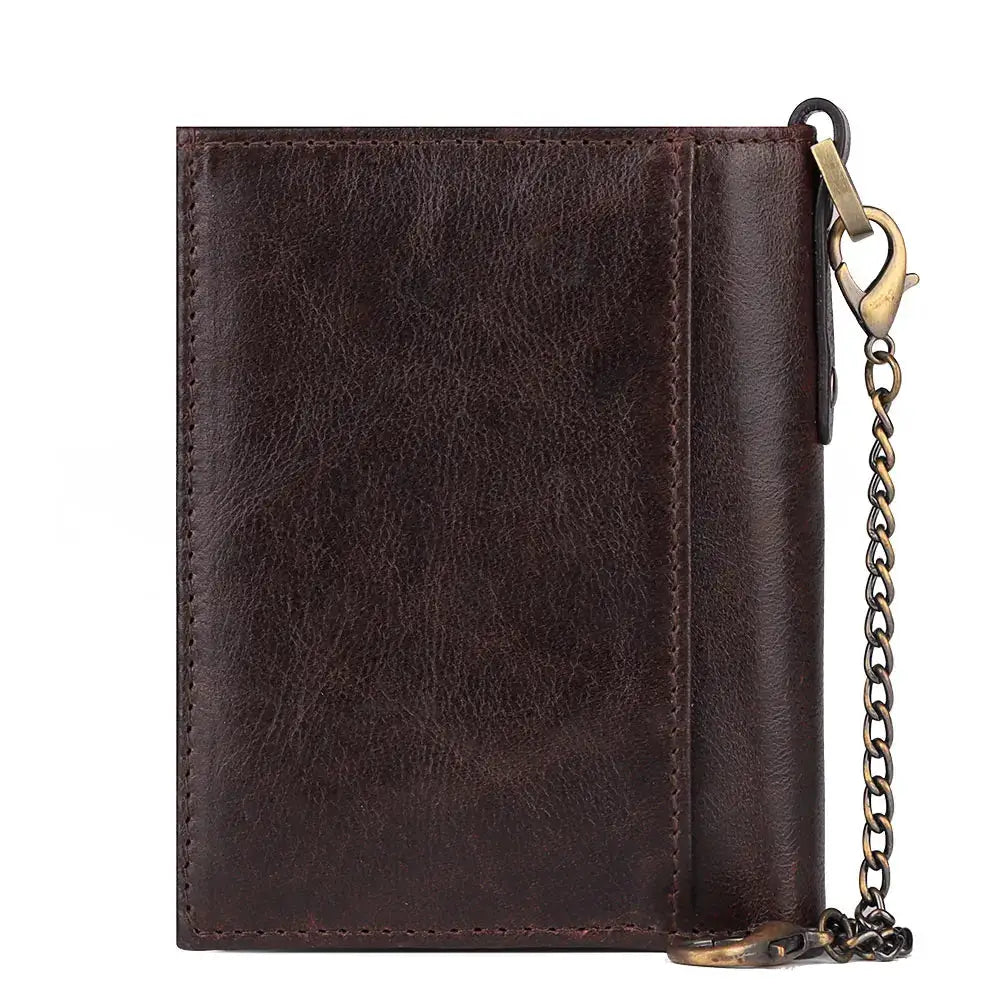 Real leather wallet for men with RFID blocking, brown short bifold with zipper coin pocket and chain