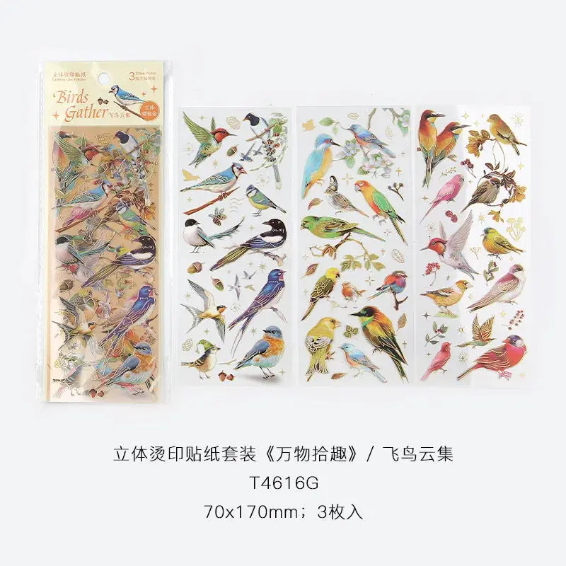 Three Piece Kawaii Feather Dragonfly Bird Jellyfish Decorative Sticker Pack for Scrapbooking Journals and Planners
