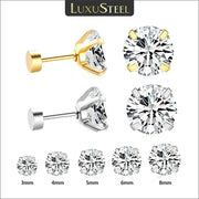 LuxuSteel stainless steel crystal stud earrings set, 1 pair, gold-tone & silver-tone with clear cubic zirconia, 3–8 mm