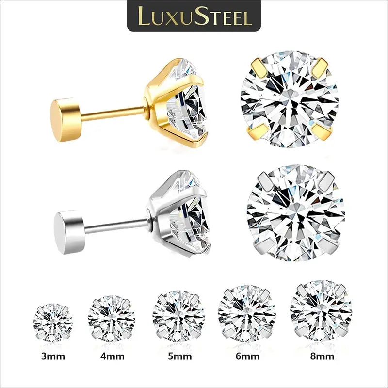 LuxuSteel stainless steel crystal stud earrings set, 1 pair, gold-tone & silver-tone with clear cubic zirconia, 3–8 mm