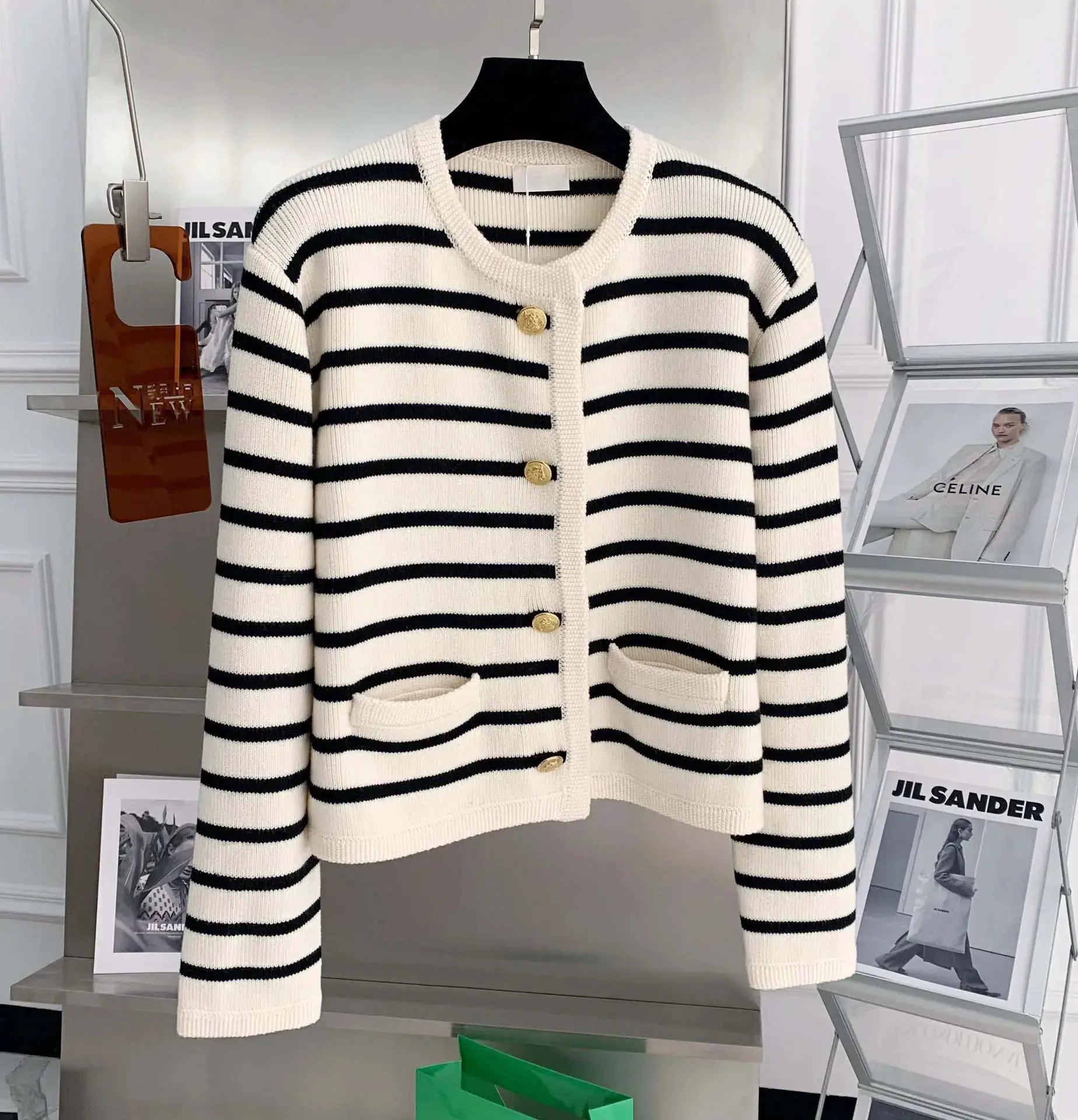 Brand Women Striped Knitted Cardigan O Neck Single Breasted Cropped Long Sleeve Chic Casual Sweater
