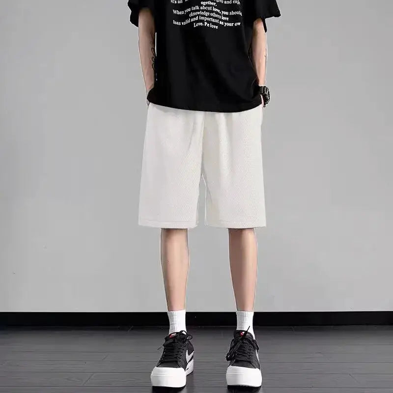 Simples Market men's quick-dry polyester mesh shorts, light off-white mid-length gym shorts for sports and casual wear