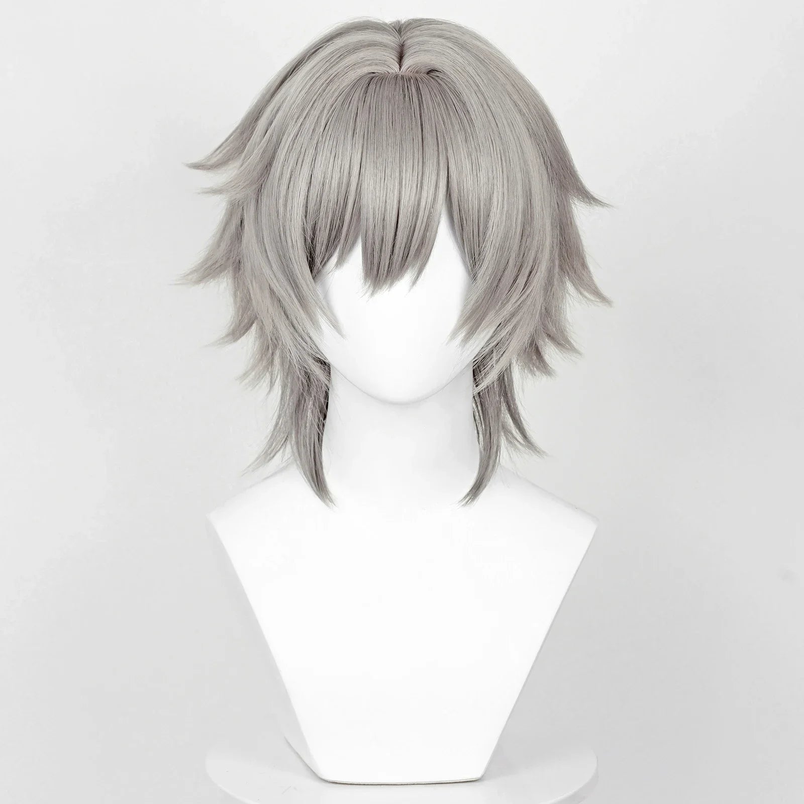 Cosplay wig: gray synthetic Trailblazer Caelus Stelle hair with bangs, layered long and short ends.
