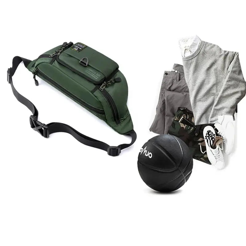 Men's green nylon waist fanny pack with multiple pockets and adjustable strap