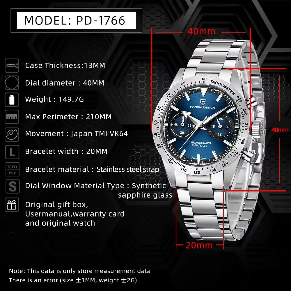 Pagani Design PD-1766 stainless steel chronograph watch with blue dial, sapphire glass, Japan movement
