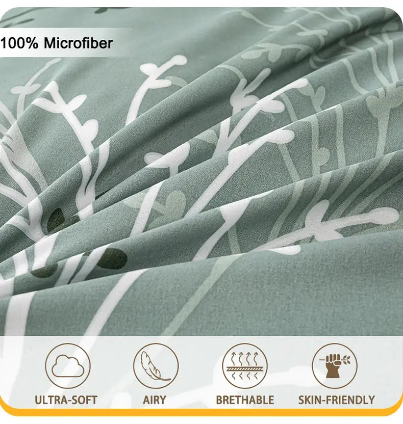 3-piece leaf floral duvet cover set with 1 duvet cover and 2 pillowcases in green microfiber